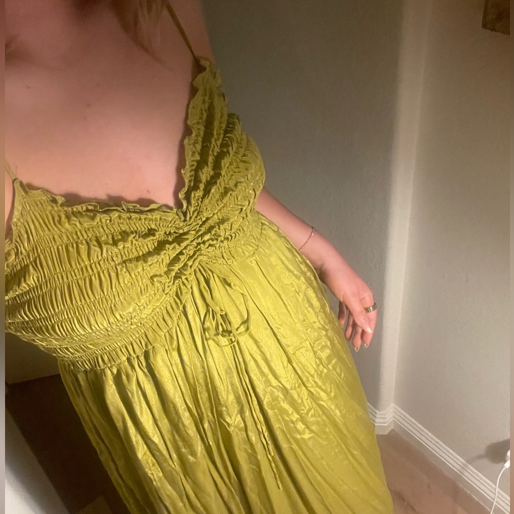 Anthropologie Olive Green Smocked Silky Dress